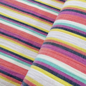 Tissu double gaze à rayures blanche, jaunes oranges, violettes, mauves et bleues