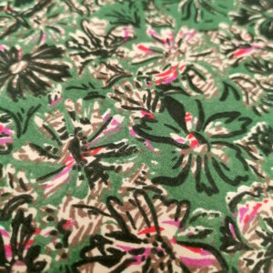 popeline de coton vert foncé avec un motif de fleurs dessinées