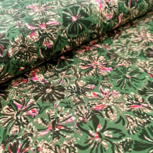 popeline de coton vert foncé avec un motif de fleurs dessinées